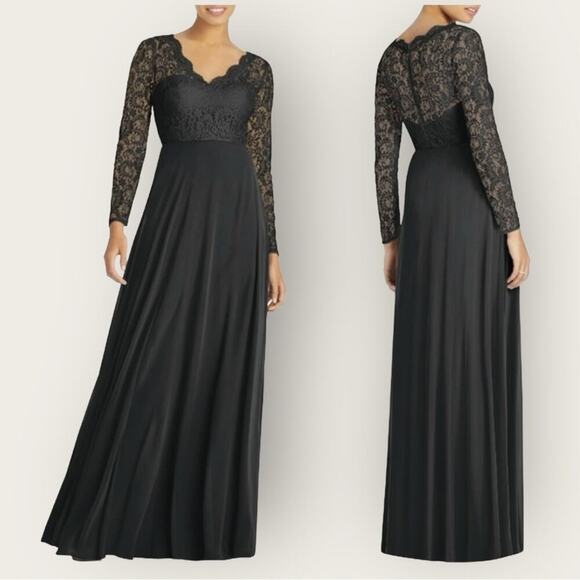 NWT | Dessy Collection | Long Sleeve Lace & Chiffon Bridesmaid Gown | Black | 8 - Picture 1 of 14